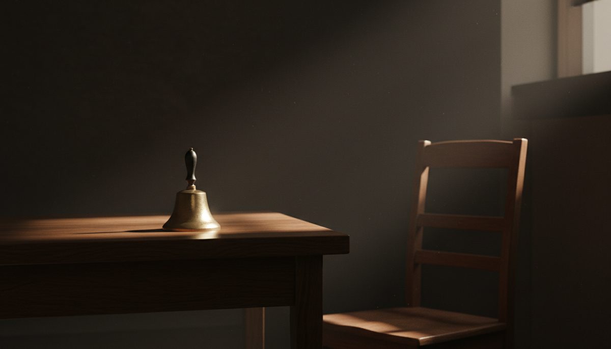 An unrung bell on a desk beside an empty chair