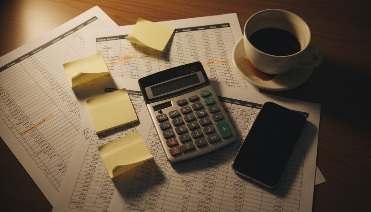 A cluttered desk of printed spreadsheets and sticky notes