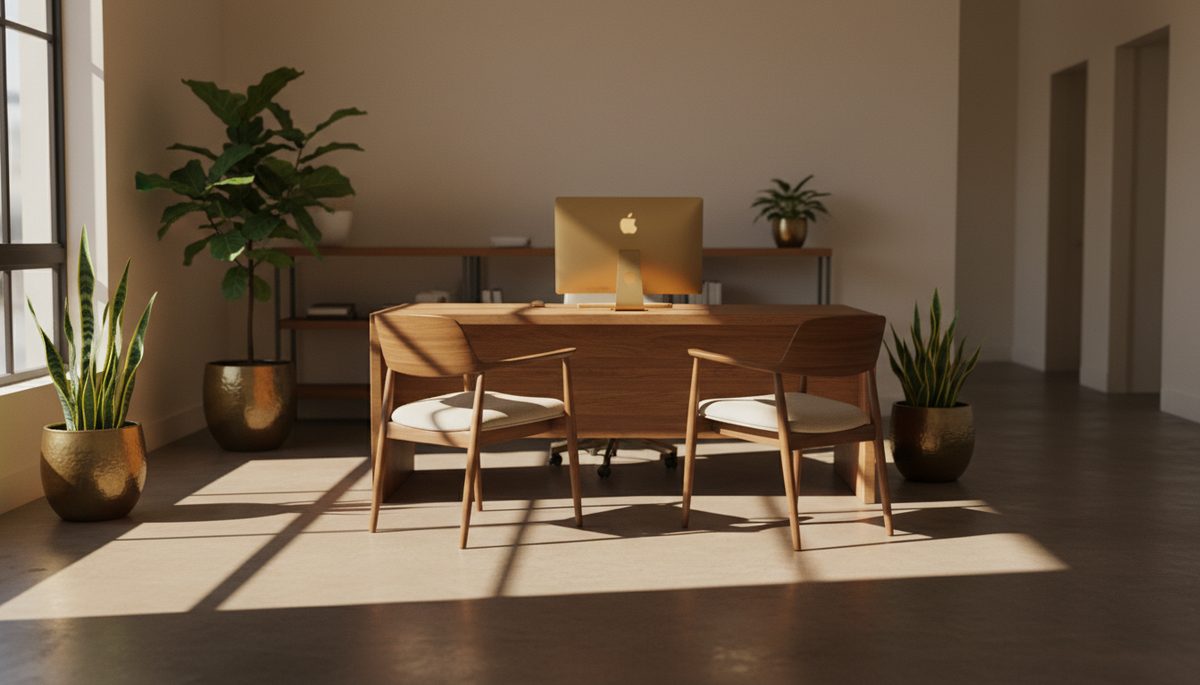 A calm, tidy office in clean morning light