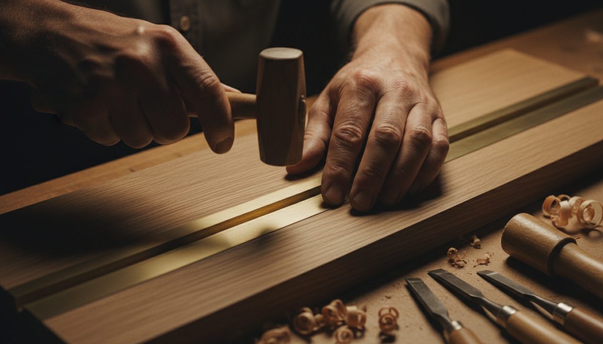 Hands fitting a brass inlay into oak on a workbench